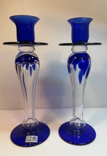 MoMo Panache Poland Art Glass Candle Holders Pair Cobalt Blue 10” With Tag picture
