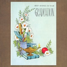 Unused Vintage HAL GREER Card Masters Graduation Card, Flowers Book Lamp Apple picture