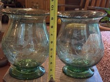 Pair VTG Handblown Green Hurricane Vases Etched Bird Floral Rough Pontil 8.5” picture