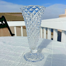 Vintage Pressed Glass Diamond Pattern Bud Vase Clear Footed Mid Century Gift picture