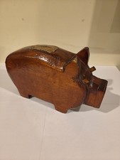 Hand Carved Wood Piggy Bank Pig Coin Bank with Coin Slot, Animal Theme picture