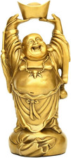 Brass Laughing Buddha Holding Ingot Money Bag Statue Feng Shui Wealth Ornament picture