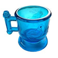 EAPG 1880's Atterbury Glass Co. Robin Eastlake Child's Mug Blue Bird & Wheat Vtg picture