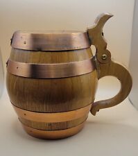Vintage Wood & Copper Banded Beer Barrel Stein Mug w/Handle & Flip Open Lid 🍺 picture