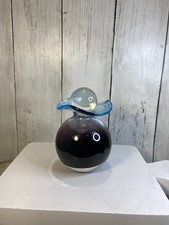 Vintage Art Glass Perfume Bottle Amethyst Base Ruffled Blue Rim With Stopper picture
