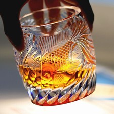 Rock Whisky Glass Hand Carved Vivid Gold Fish Pattern Edo Kiriko Glass 270ml picture