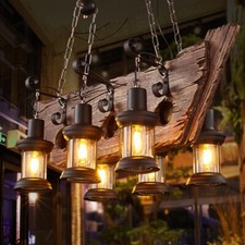Vintage Wood Chandelier Pirate Ship Pendant Lamp Glass 6-Light Ceiling Fixtures picture