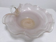 Hand Blown Art Glass Nappy Dish Applied Handle Pink & Opalescent Swirl Gold Flec picture