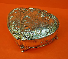 Vintage Small Gold Tone Hinged Jewelry Trinket Box Double Hearts Red Lining picture