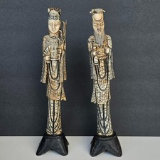 Vintage Chinese Carved Bovine Bone Emperor & Empress Pair Figurines picture