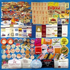 Junk Drawer Lot Vintage Worldwide Mixed Tobacco Alcohol Dairy Labels Caps Covers picture