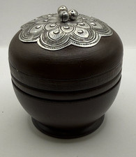 Vintage Hand Carved Wood Lidded Trinket Box Silver Floral Top Round Jewelry Box picture