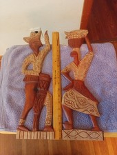 2 LARGE MCM WOODEN TRIBAL MAN & WOMAN WALL ART AFRICAN CULTURE COLLECTOR Signed  picture