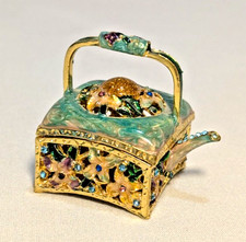 Vtg Kalifano enamel watering can teapot trinket box crystal aqua magnetic hinged picture