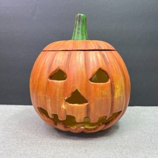 Vintage 1996 Handmade Ceramic Jack O Lantern Pumpkin Candle Holder Halloween picture
