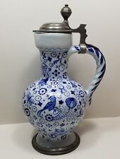 SALE  18th C Signed and Dated Pewter Mounted Continental Faience Ceramic Jug picture