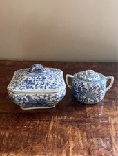 2 Vtg Blue White Phoenix Sugar Bowl with Lid picture