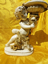 VINTAGE French PUTTI CHERUB Creamy Plaster Compote Planter Heavy Mid Century picture
