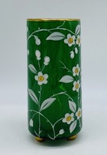 Ca.1880’s Bohemian HARRACH Green Marbled Footed Glass Vase With Floral Enamel picture