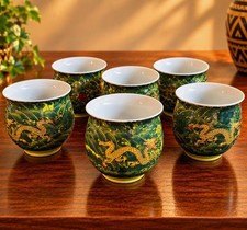 Chinese Porcelain 6 Tea Cups, Green & Gold & Yellow, With Seal Mark picture