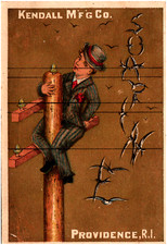 1890s Kendall Mfg Co. Soapine Trade Card Providence RI Man on Pole & Birds picture