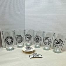 ABC Studios LOST DHARMA Initiative 6 Pint Glasses w/ Coaster & BEER Label picture
