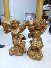 Pair Of Vintage Hollywood Regency Style Cherubs -putti Candle Holders Gold Resin picture