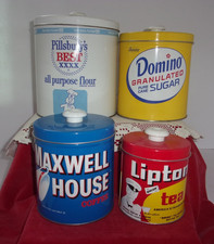 J L Clark tin canister set 8 pc Pillsbury Domino Maxwell House Lipton vntg 60's picture