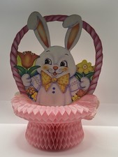VTG ~Honeycomb Easter Decoration Centerpiece Easter Rabbit Bunny In Pink Basket picture