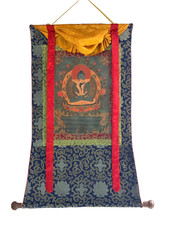 SAMANTABHADRA OLD OIL- VARNISHED TIBETAN THANGKA PAINTING WITH SILK BROCADE picture