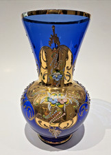 Vintage Bohemian Hand Painted Floral Cobalt Glass Vase w/ Gold picture