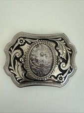 Vtg 1970 Large Western Style Cowboy Natural Gemstone Belt Buckle Silver Tone EUC picture