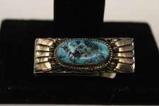Rare Vtg Native American Sterling Silver Money Clip W/ Blue Gem Turquoise Stone picture