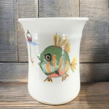 Vintage Hand Made Stoneware Pottery Vase Vessel Spoon Holder Fishing Scene Vase picture