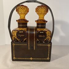 Vtg MCM  Amber Glass Diamond Cut Decanter Set Leather Caddy Holder Excellent picture