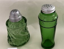 Antique Green Glass Salt Pepper Shakers (2) w Aluminum Tops - Swirls & Art Deco picture