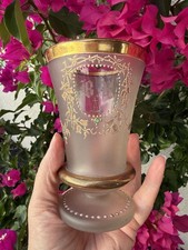 VICTORIAN MOSER FROSTED GOLD & Initials Green Stone FANCY GLASS TUMBLER picture
