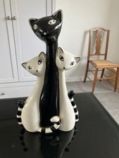 Tall Cmielow Cat &Two Kittens Porcelain Figurine Mid-Century Modern Black/White picture