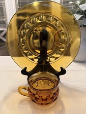 • Vtg Indiana Glass Amber Kings Crown Thumbprint Snack Set 6 Plates 6 Cups 12pc picture