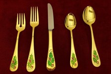 Holly Berry Gold-Plated Stainless Steel Japan Flatware 8 Set New In Sleeves NIB picture