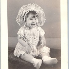 c1940s Cute Smiling Baby Toddler Bonnet Crochet Lace Dress 5
