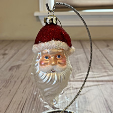 Vtg Blown Glass Christmas Ornament Santa Head Glitter Beaded Hat Ball 5