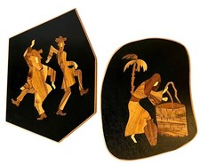 SET 2-VTG Israeli Inlaid Wood Folk Art MCM Wall Hangings Woman & Dancing Men picture