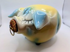 Vintage Hull Pottery Corky Pig Bank 1957 Yellow Blue HTF Cork Nose USA picture