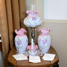 HTF FENTON Glass Lily On Blue Burmese Set Lamp Vases Basket Signed LE w/COAs picture