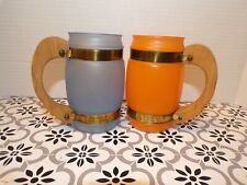2 Vintage (60s) Siesta Ware Frosted Glass Banded Barrel Mugs w/ Wood Handles picture