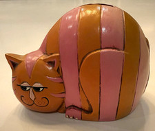 Vintage Pink Brown Striped Cheshire Cat Piggy Bank Coin Bank, Animals Theme picture