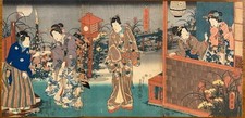 Antique Japanese Woodblock Print Triptych by Kunisada -Genji's Sword- c.1847 picture