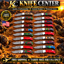 SET OF 20PCS, HANDMADE DAMASCUS FOLDING KNIVES, COLORED WOOD HANDLE & SHEATHS picture