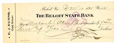 1895 Beloit WI State Bank Check – E.J. Evans, Cash Grocer to Macomb Pottery Co picture